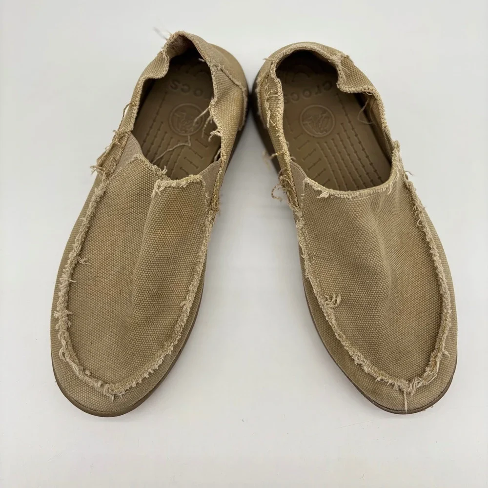 Crocs Santa Cruz Mens Khaki Canvas Slip On Loafers Frayed Tan Shoes Size 12
